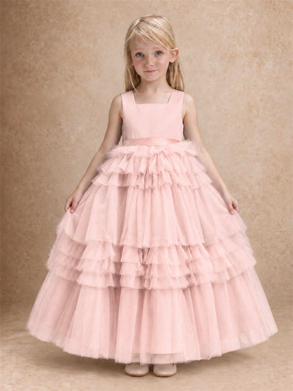 Sleeveless Square Neck Tiered Tulle Flower Girl Dress Kids Princess Wedding Party Gown