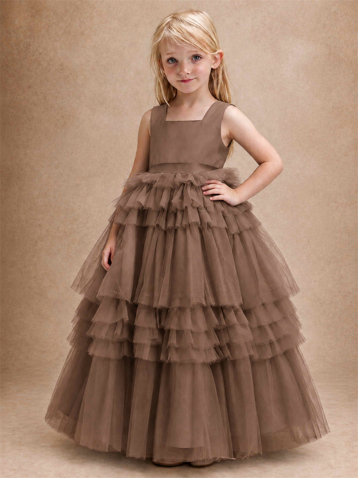 Sleeveless Square Neck Tiered Tulle Flower Girl Dress Kids Princess Wedding Party Gown