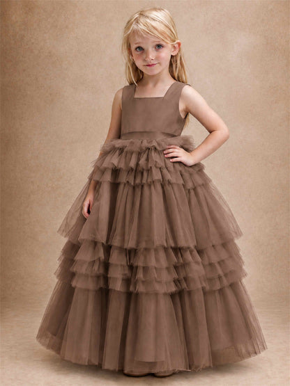 Sleeveless Square Neck Tiered Tulle Flower Girl Dress Kids Princess Wedding Party Gown