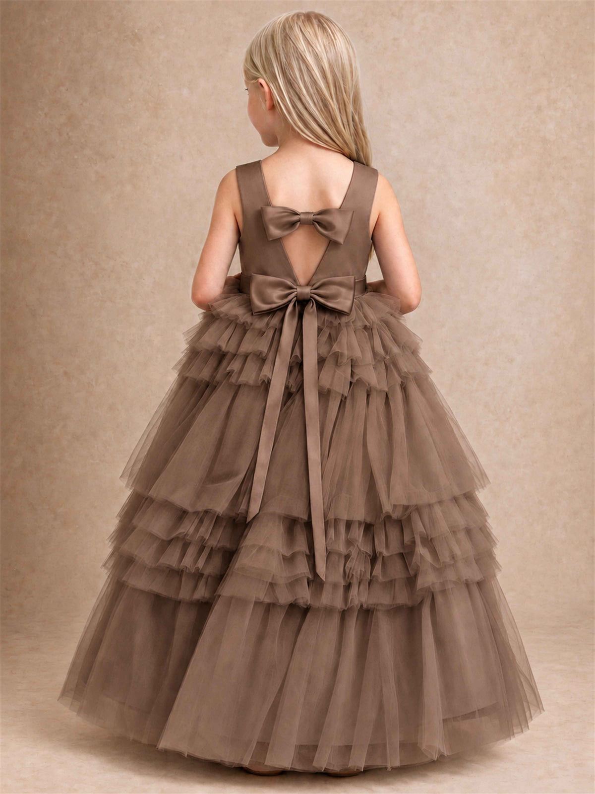 Sleeveless Square Neck Tiered Tulle Flower Girl Dress Kids Princess Wedding Party Gown