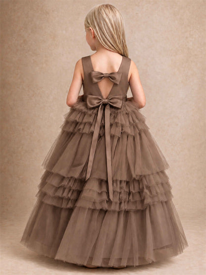 Sleeveless Square Neck Tiered Tulle Flower Girl Dress Kids Princess Wedding Party Gown