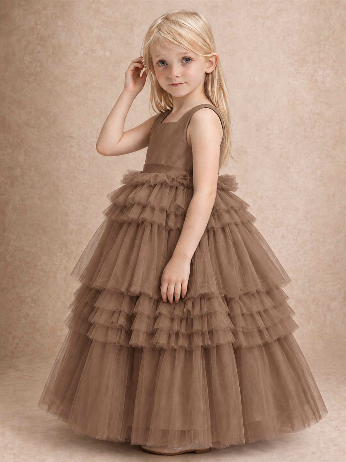 Sleeveless Square Neck Tiered Tulle Flower Girl Dress Kids Princess Wedding Party Gown