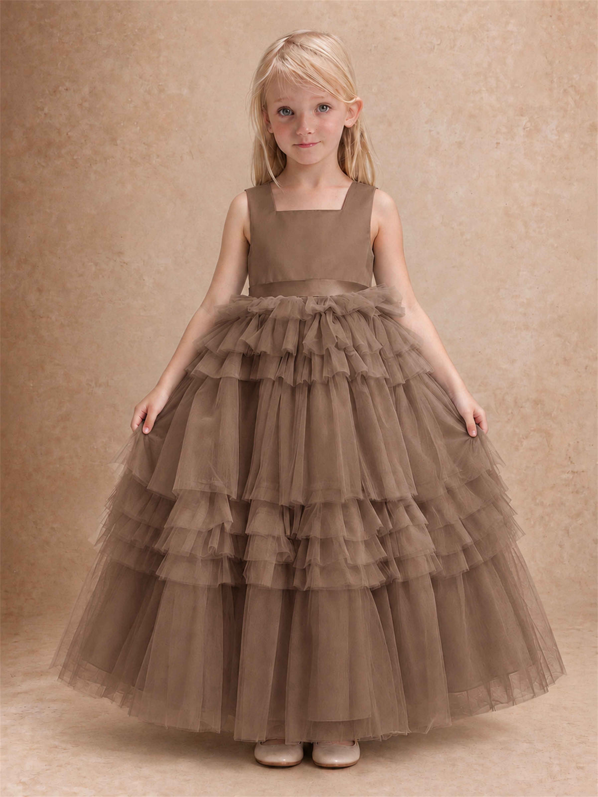 Sleeveless Square Neck Tiered Tulle Flower Girl Dress Kids Princess Wedding Party Gown