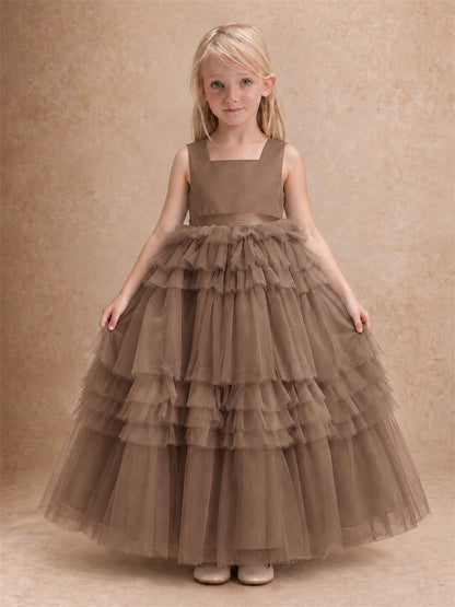 Sleeveless Square Neck Tiered Tulle Flower Girl Dress Kids Princess Wedding Party Gown