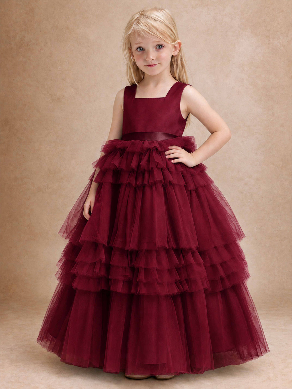 Sleeveless Square Neck Tiered Tulle Flower Girl Dress Kids Princess Wedding Party Gown