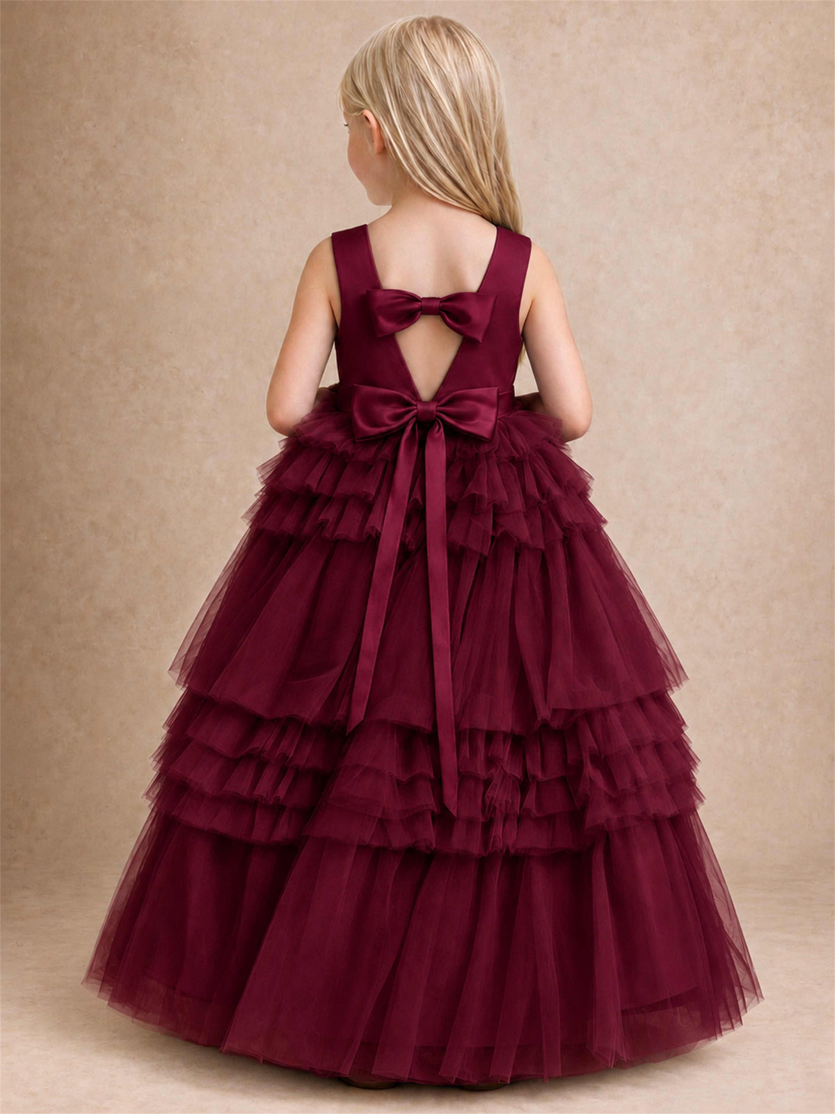 Sleeveless Square Neck Tiered Tulle Flower Girl Dress Kids Princess Wedding Party Gown