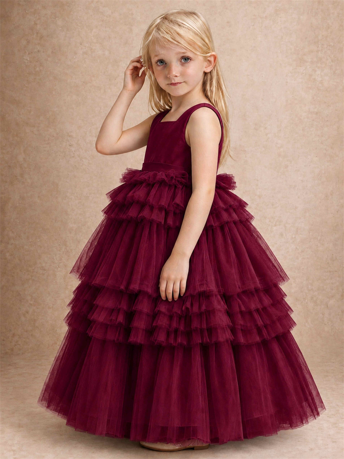 Sleeveless Square Neck Tiered Tulle Flower Girl Dress Kids Princess Wedding Party Gown