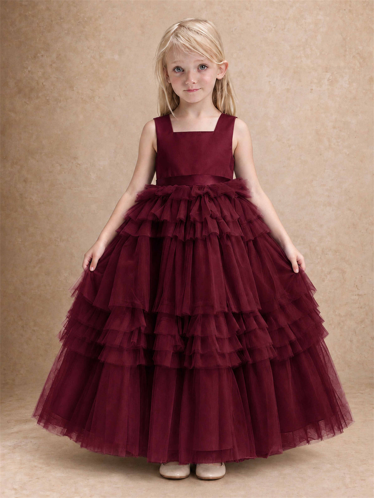 Sleeveless Square Neck Tiered Tulle Flower Girl Dress Kids Princess Wedding Party Gown