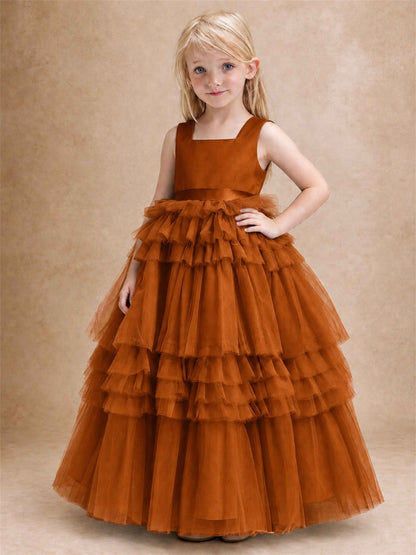 Sleeveless Square Neck Tiered Tulle Flower Girl Dress Kids Princess Wedding Party Gown