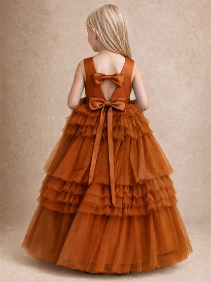Sleeveless Square Neck Tiered Tulle Flower Girl Dress Kids Princess Wedding Party Gown