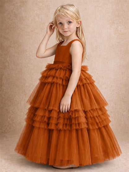 Sleeveless Square Neck Tiered Tulle Flower Girl Dress Kids Princess Wedding Party Gown