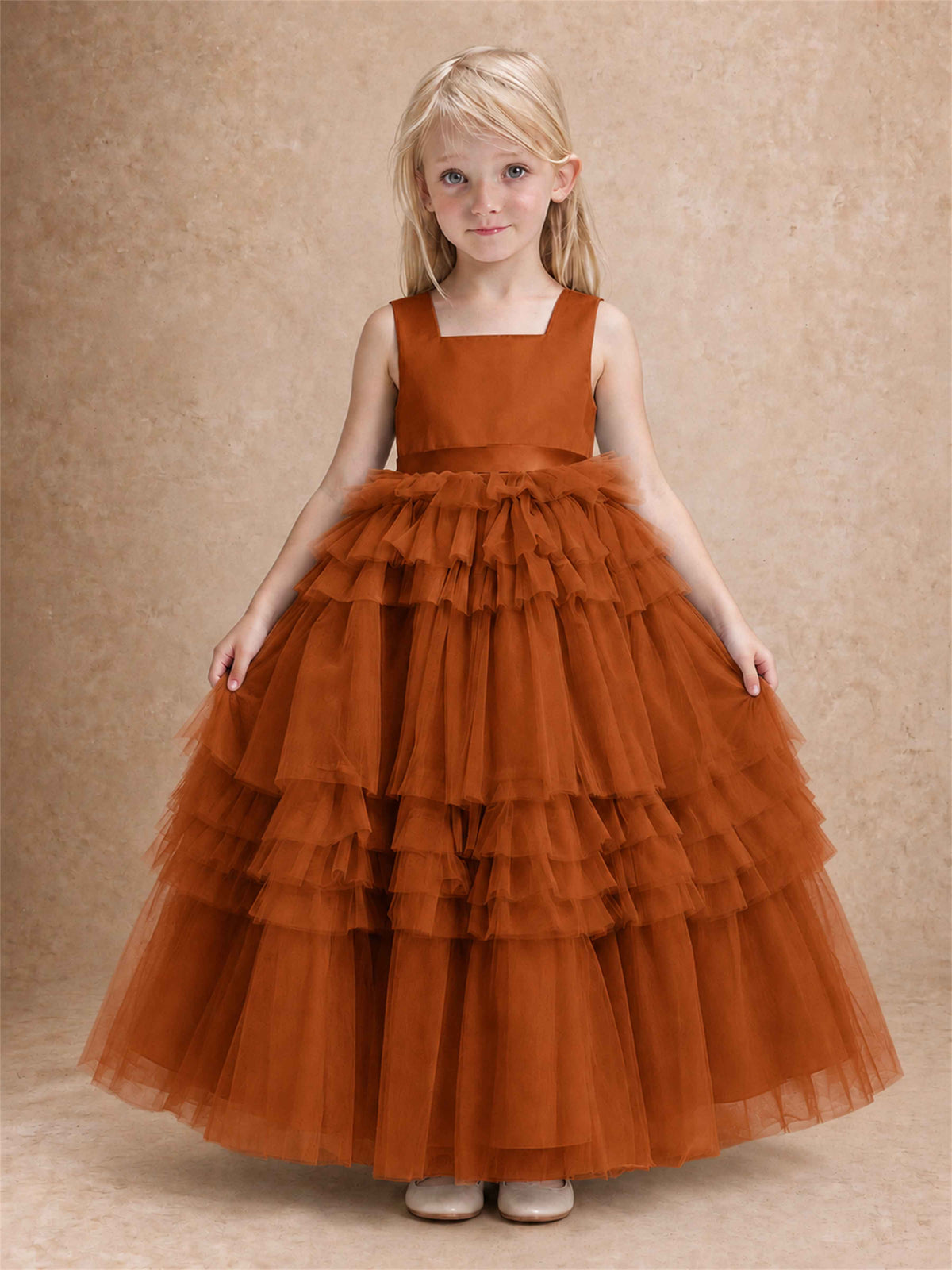 Sleeveless Square Neck Tiered Tulle Flower Girl Dress Kids Princess Wedding Party Gown
