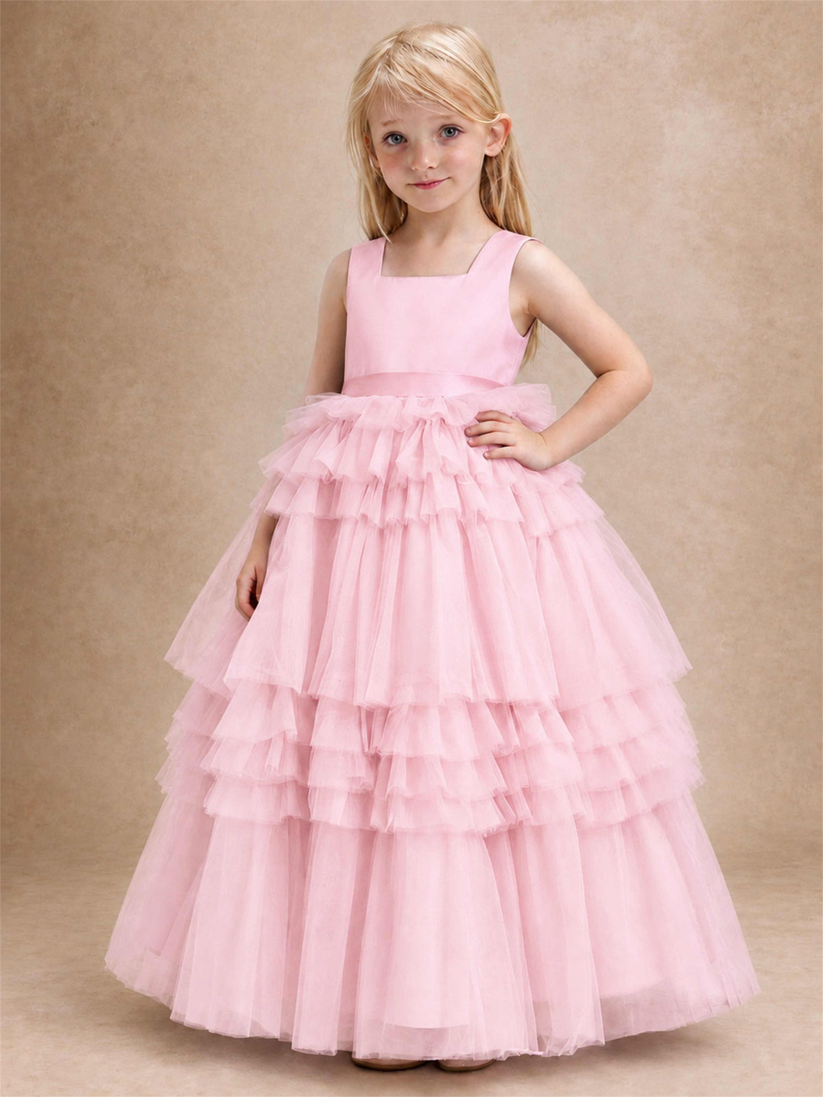 Sleeveless Square Neck Tiered Tulle Flower Girl Dress Kids Princess Wedding Party Gown