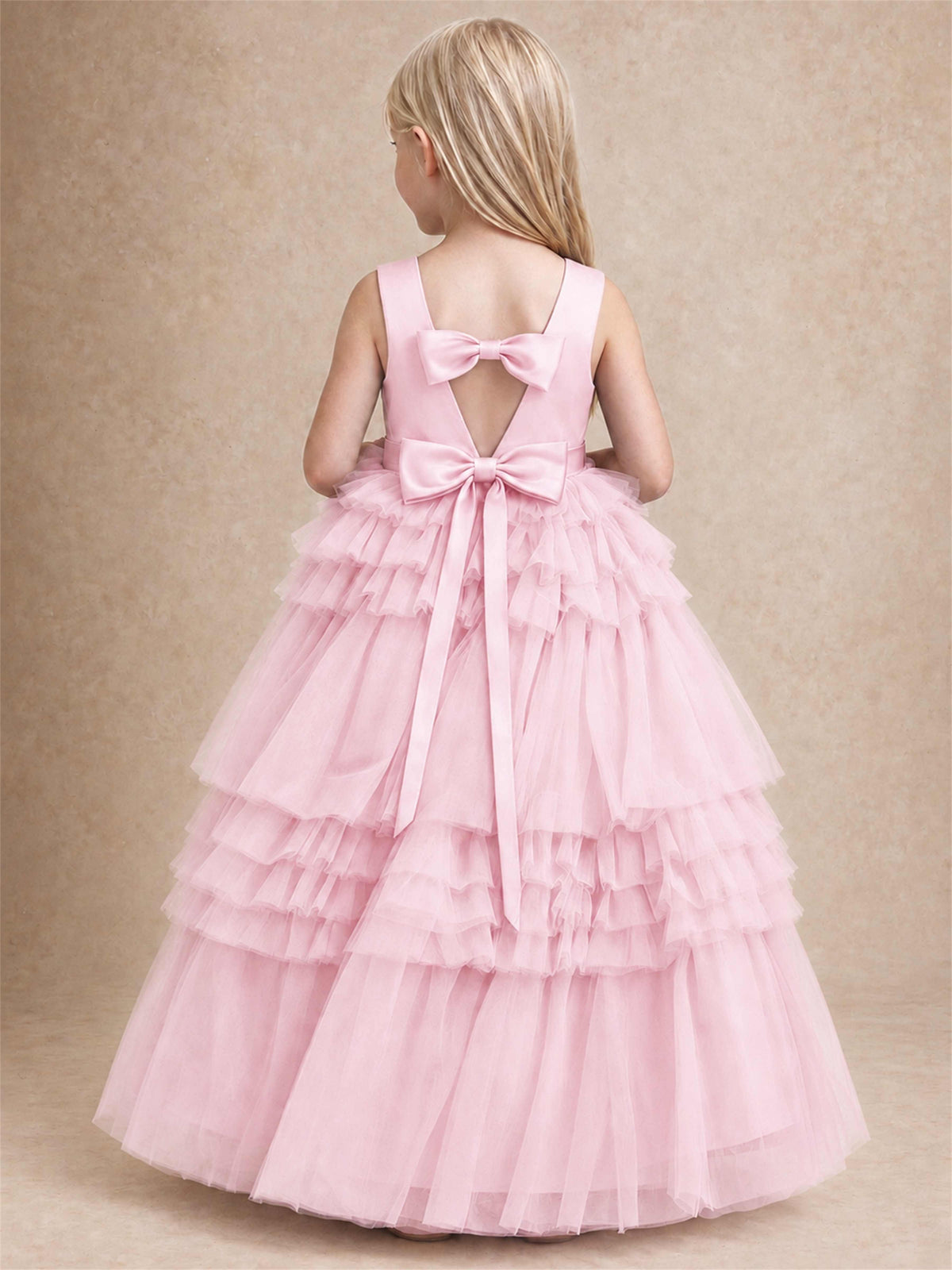 Sleeveless Square Neck Tiered Tulle Flower Girl Dress Kids Princess Wedding Party Gown