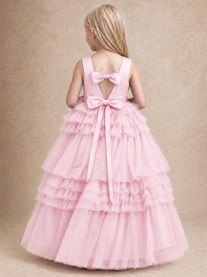 Sleeveless Square Neck Tiered Tulle Flower Girl Dress Kids Princess Wedding Party Gown