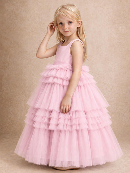 Sleeveless Square Neck Tiered Tulle Flower Girl Dress Kids Princess Wedding Party Gown