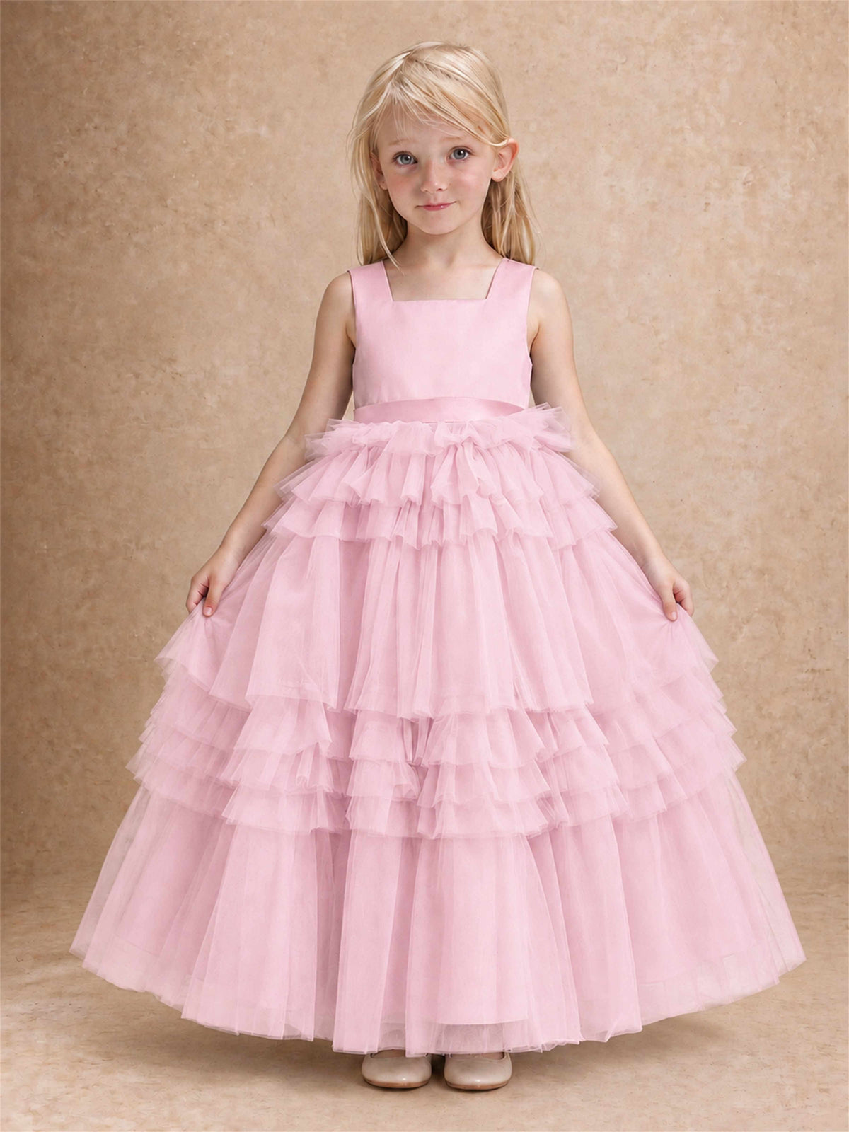 Sleeveless Square Neck Tiered Tulle Flower Girl Dress Kids Princess Wedding Party Gown