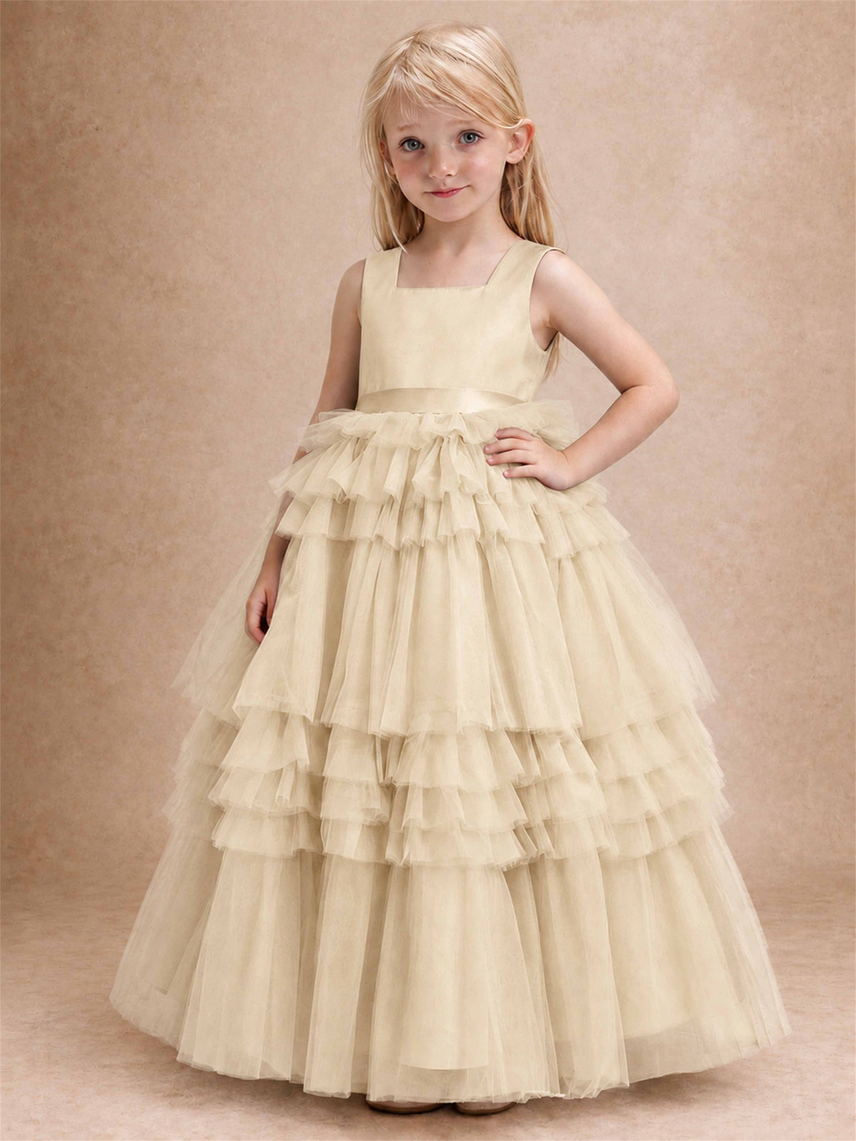 Sleeveless Square Neck Tiered Tulle Flower Girl Dress Kids Princess Wedding Party Gown