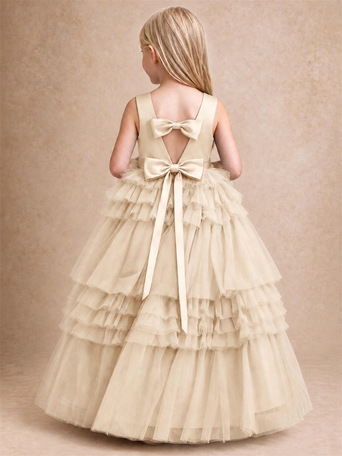 Sleeveless Square Neck Tiered Tulle Flower Girl Dress Kids Princess Wedding Party Gown