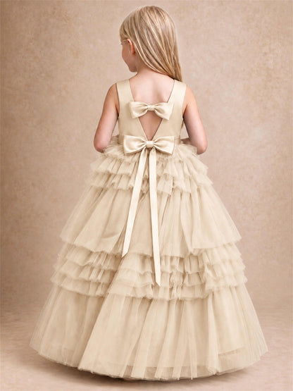 Sleeveless Square Neck Tiered Tulle Flower Girl Dress Kids Princess Wedding Party Gown