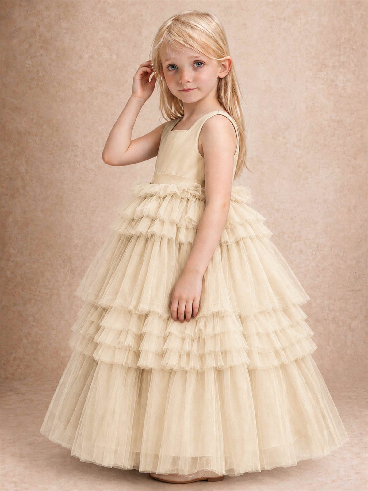 Sleeveless Square Neck Tiered Tulle Flower Girl Dress Kids Princess Wedding Party Gown