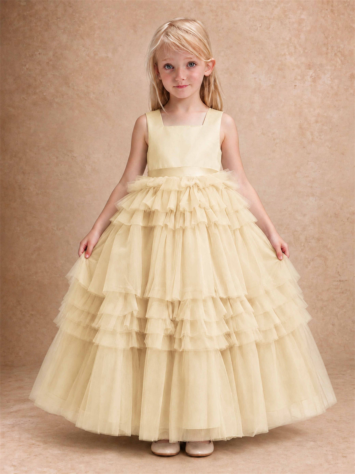 Sleeveless Square Neck Tiered Tulle Flower Girl Dress Kids Princess Wedding Party Gown