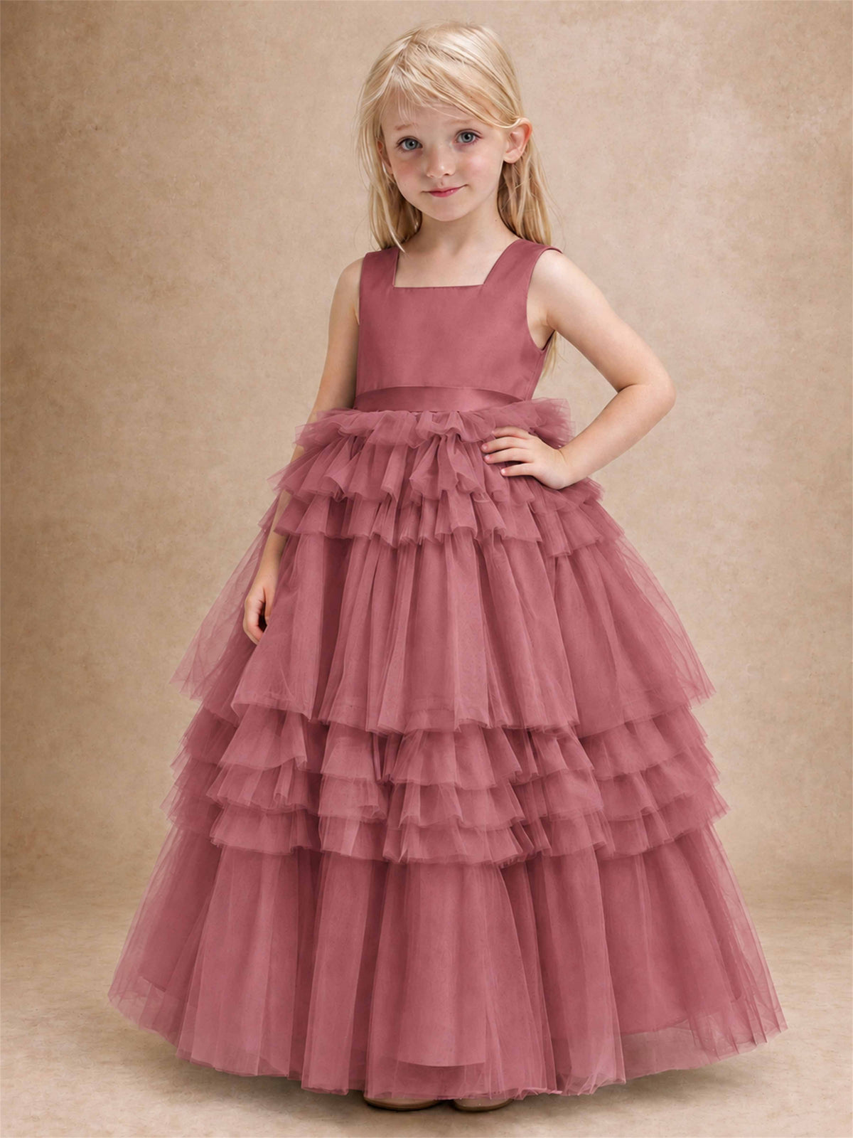 Sleeveless Square Neck Tiered Tulle Flower Girl Dress Kids Princess Wedding Party Gown