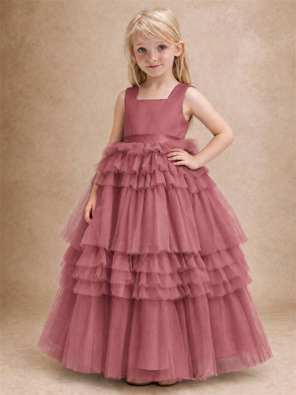 Sleeveless Square Neck Tiered Tulle Flower Girl Dress Kids Princess Wedding Party Gown