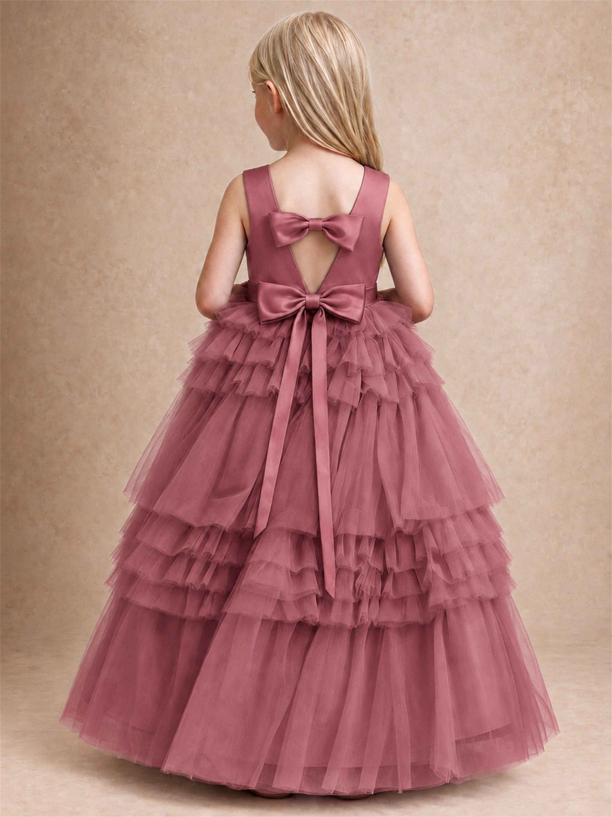 Sleeveless Square Neck Tiered Tulle Flower Girl Dress Kids Princess Wedding Party Gown