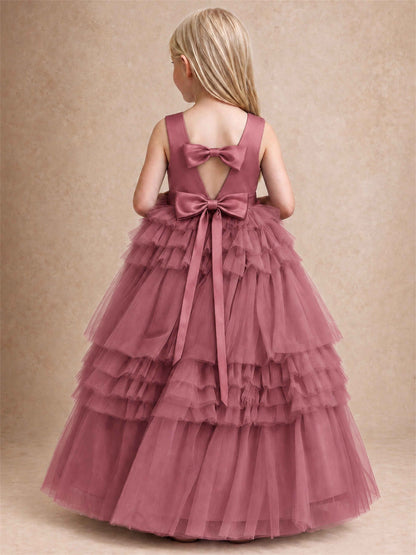 Sleeveless Square Neck Tiered Tulle Flower Girl Dress Kids Princess Wedding Party Gown