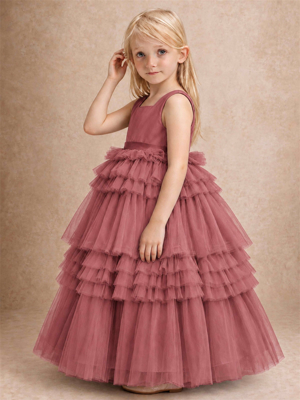 Sleeveless Square Neck Tiered Tulle Flower Girl Dress Kids Princess Wedding Party Gown