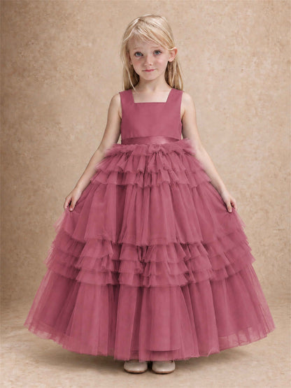 Sleeveless Square Neck Tiered Tulle Flower Girl Dress Kids Princess Wedding Party Gown
