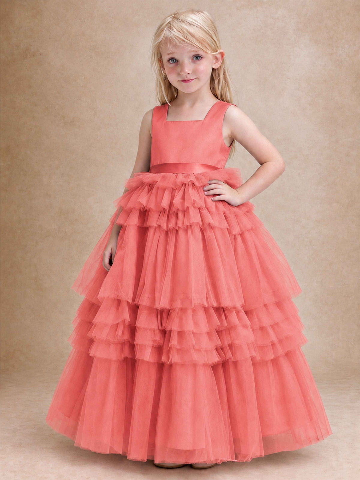 Sleeveless Square Neck Tiered Tulle Flower Girl Dress Kids Princess Wedding Party Gown