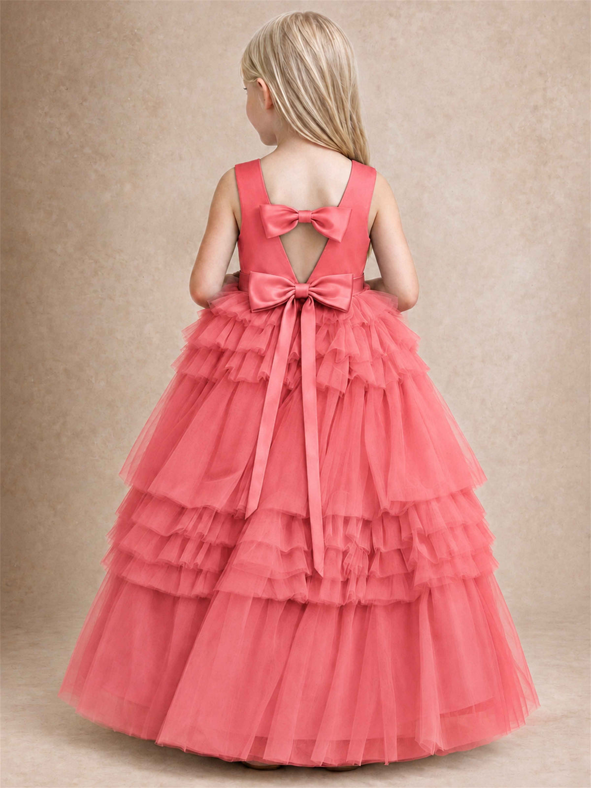 Sleeveless Square Neck Tiered Tulle Flower Girl Dress Kids Princess Wedding Party Gown