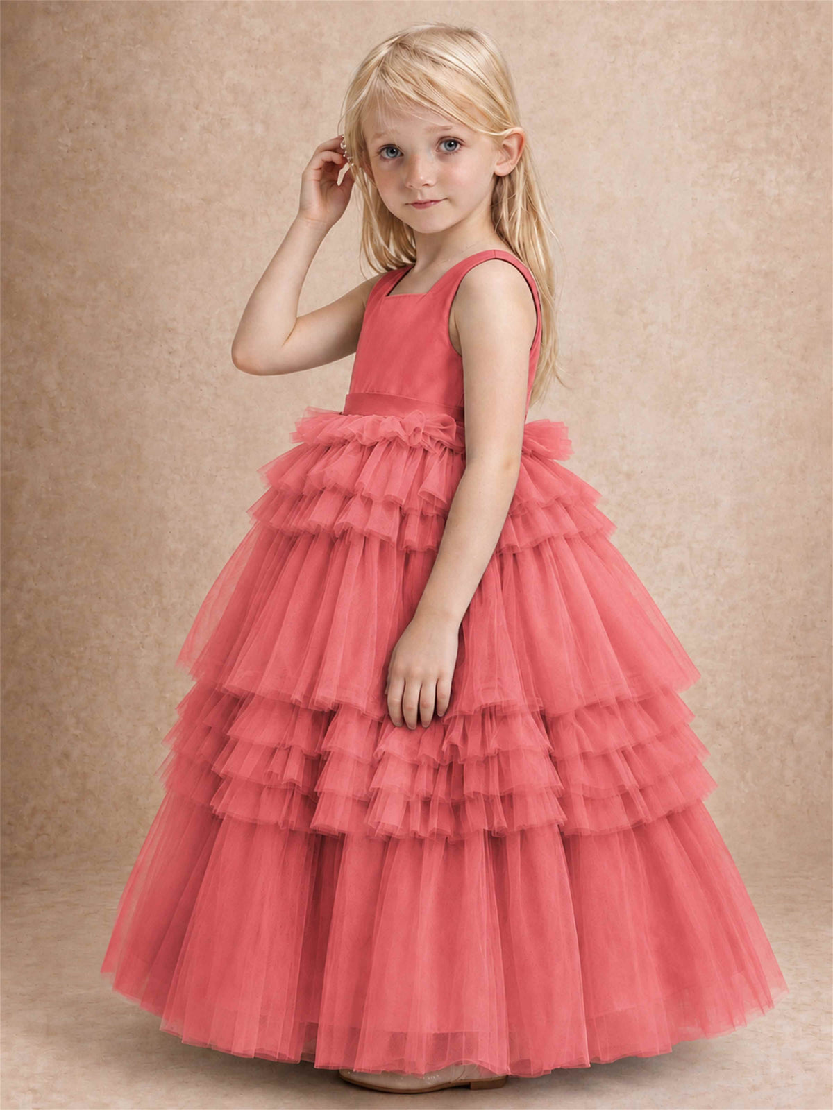 Sleeveless Square Neck Tiered Tulle Flower Girl Dress Kids Princess Wedding Party Gown