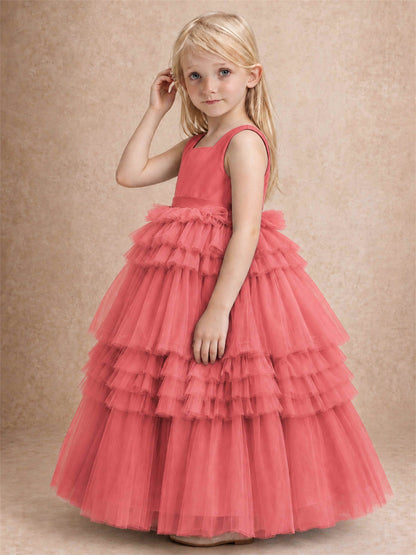 Sleeveless Square Neck Tiered Tulle Flower Girl Dress Kids Princess Wedding Party Gown