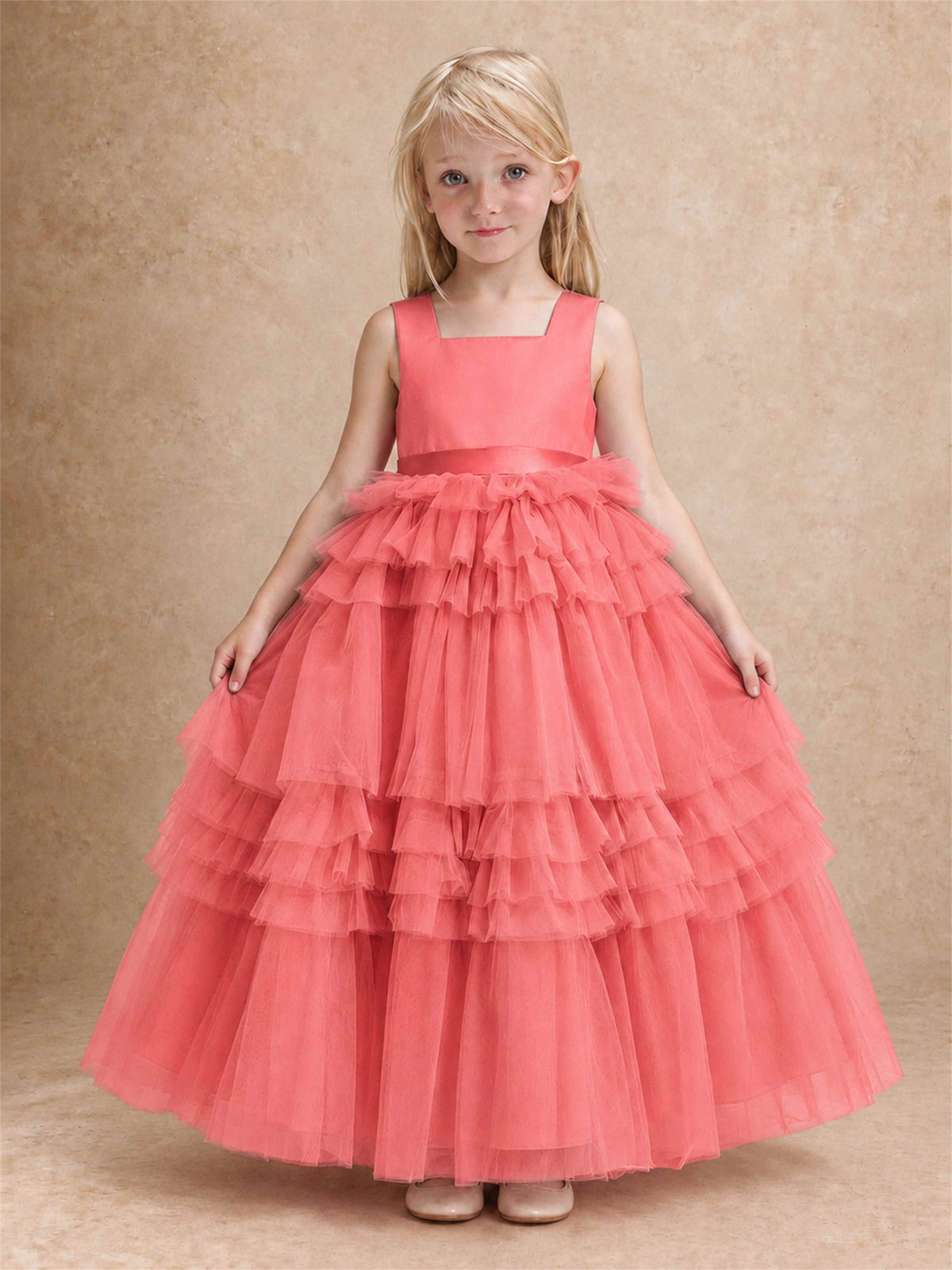 Sleeveless Square Neck Tiered Tulle Flower Girl Dress Kids Princess Wedding Party Gown