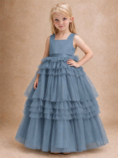 Sleeveless Square Neck Tiered Tulle Flower Girl Dress Kids Princess Wedding Party Gown