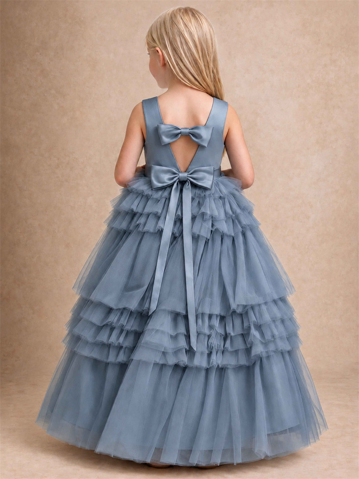 Sleeveless Square Neck Tiered Tulle Flower Girl Dress Kids Princess Wedding Party Gown