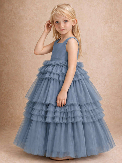 Sleeveless Square Neck Tiered Tulle Flower Girl Dress Kids Princess Wedding Party Gown