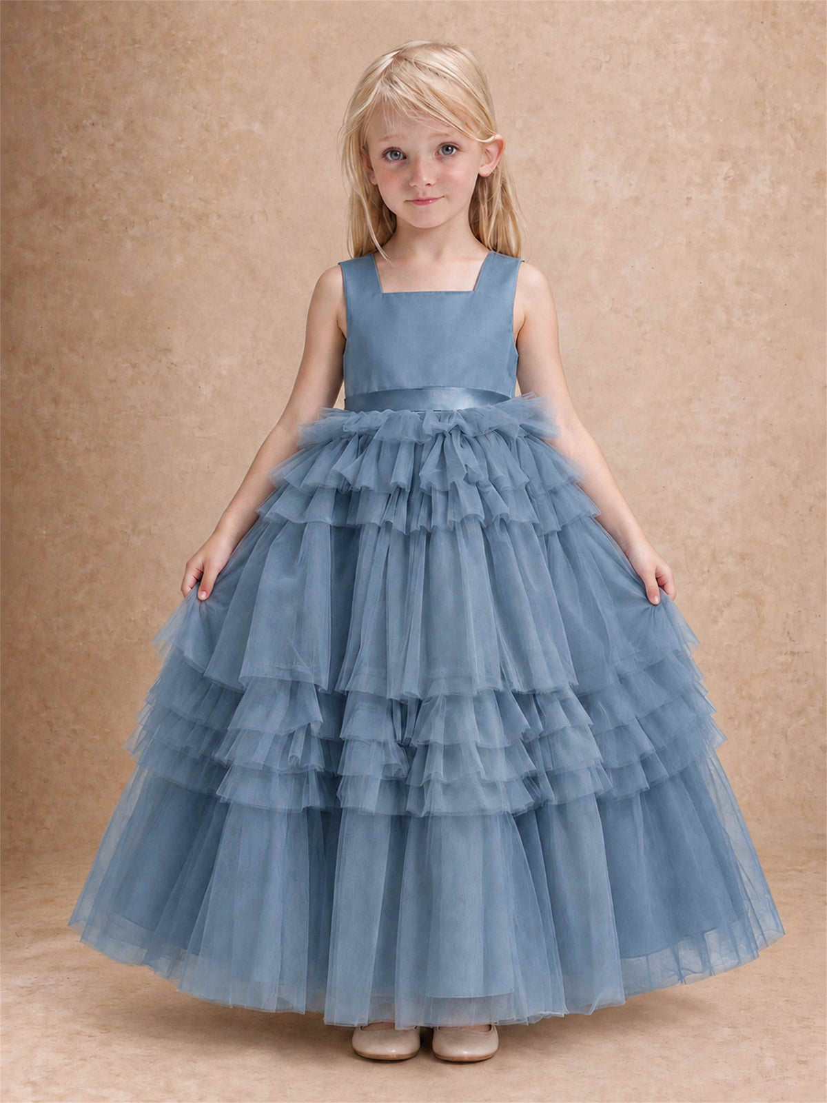 Sleeveless Square Neck Tiered Tulle Flower Girl Dress Kids Princess Wedding Party Gown