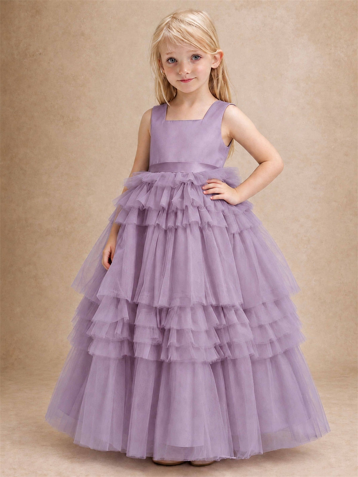Sleeveless Square Neck Tiered Tulle Flower Girl Dress Kids Princess Wedding Party Gown