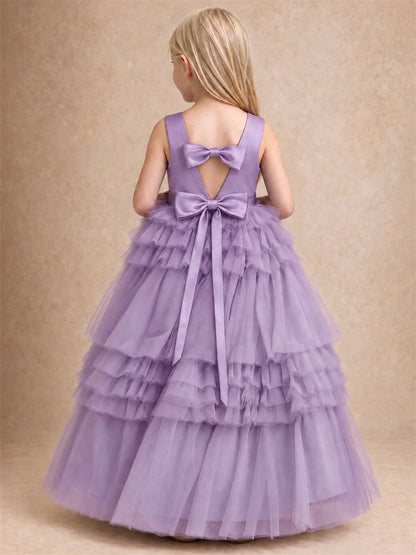 Sleeveless Square Neck Tiered Tulle Flower Girl Dress Kids Princess Wedding Party Gown
