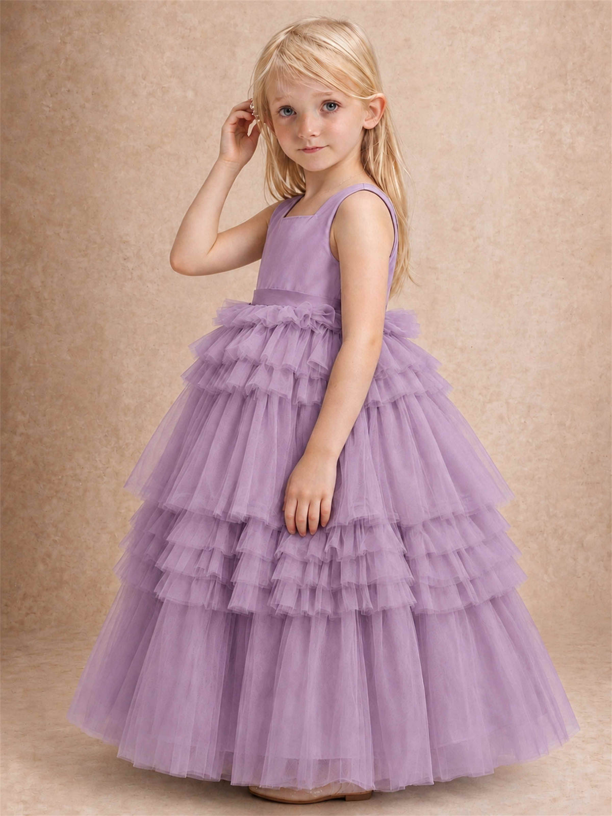 Sleeveless Square Neck Tiered Tulle Flower Girl Dress Kids Princess Wedding Party Gown
