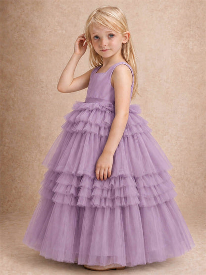 Sleeveless Square Neck Tiered Tulle Flower Girl Dress Kids Princess Wedding Party Gown