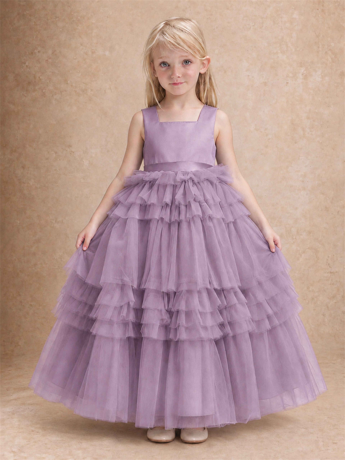 Sleeveless Square Neck Tiered Tulle Flower Girl Dress Kids Princess Wedding Party Gown