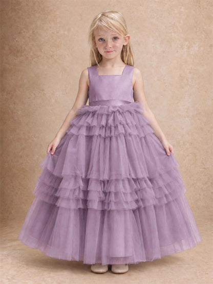 Sleeveless Square Neck Tiered Tulle Flower Girl Dress Kids Princess Wedding Party Gown