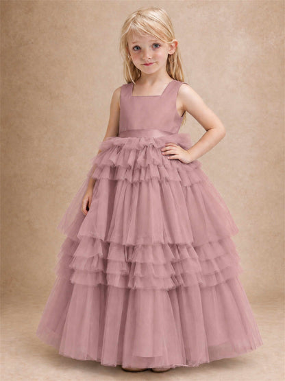 Sleeveless Square Neck Tiered Tulle Flower Girl Dress Kids Princess Wedding Party Gown