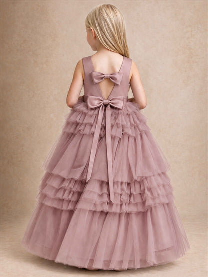 Sleeveless Square Neck Tiered Tulle Flower Girl Dress Kids Princess Wedding Party Gown