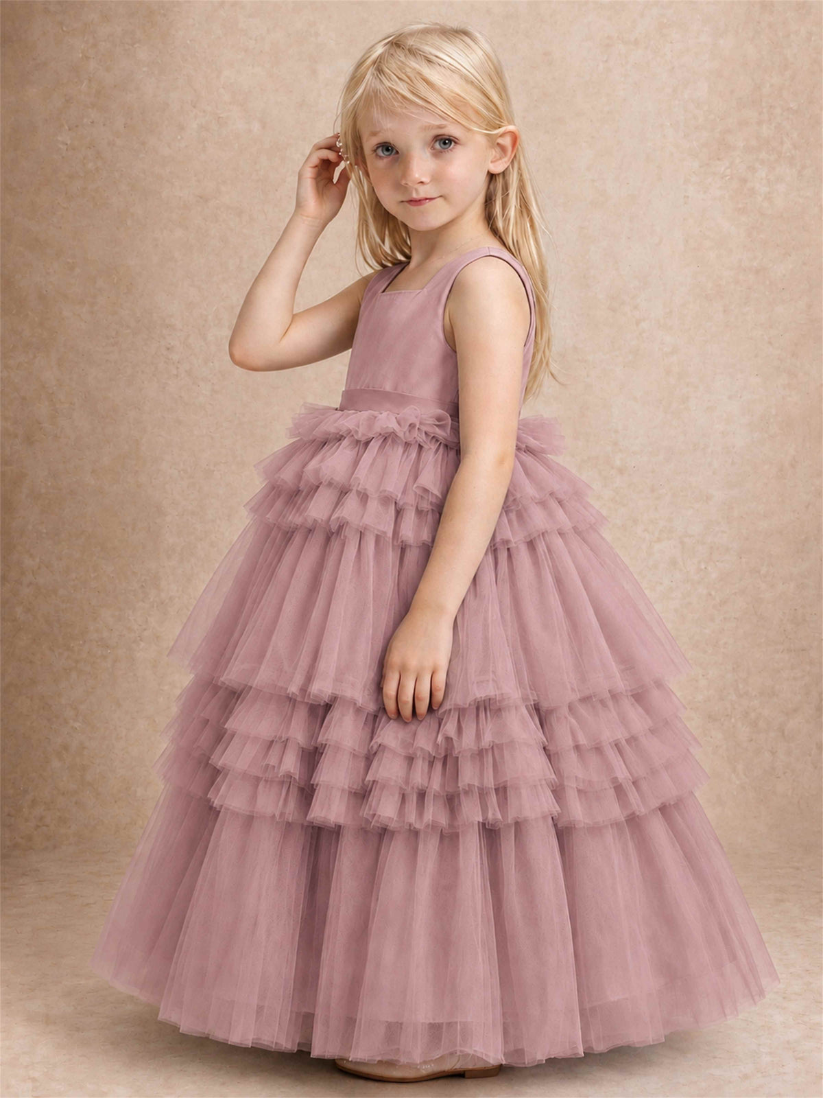 Sleeveless Square Neck Tiered Tulle Flower Girl Dress Kids Princess Wedding Party Gown